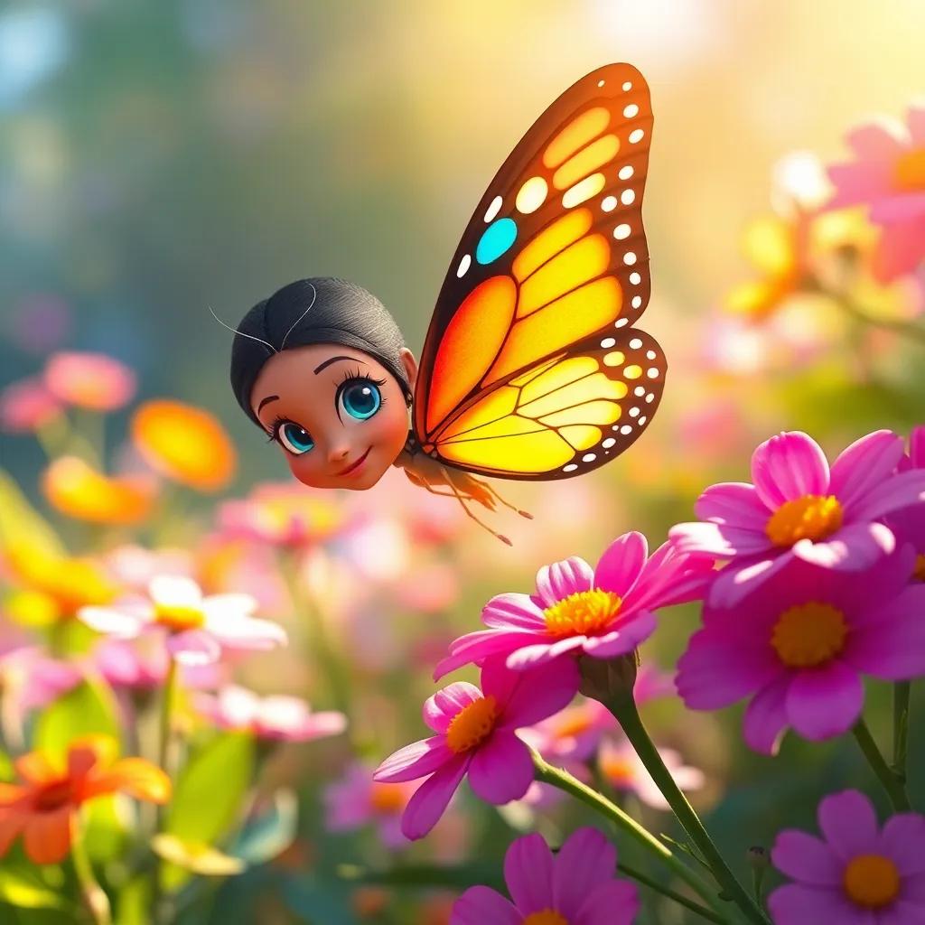 Bella, una mariposa colorida volando entre flores brillantes junto a Clara y sus amigos, en un prado vibrante, digital art, alegre, florido, radiante