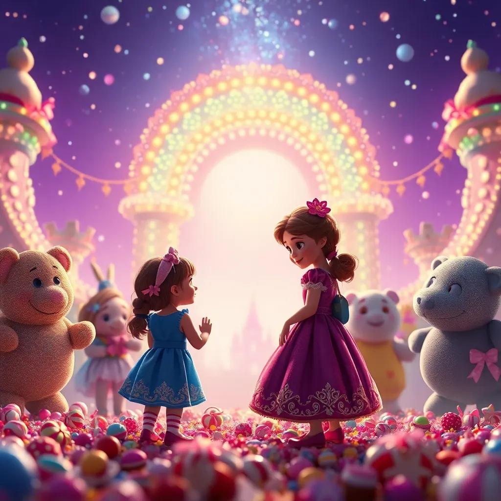 Clara y sus amigos frente al final del arcoíris, con un gran tesoro de dulces y colores brillantes, ambiente mágico, digital art, brillante, festivo