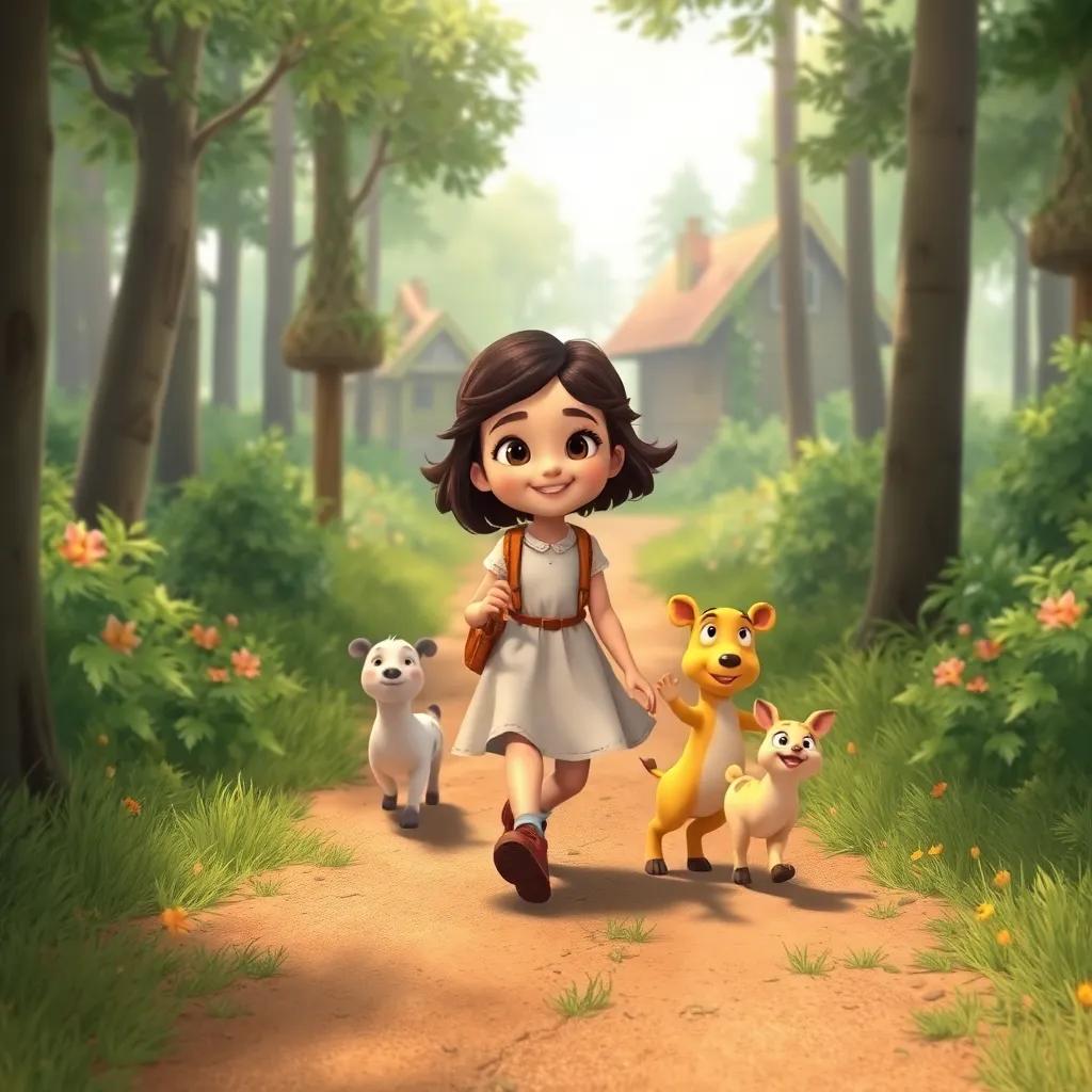 Clara, sus amigos y criaturas, caminando de regreso a casa por un sendero en el bosque, con sonrisas y alegría, digital art, corazón cálido, nostálgico