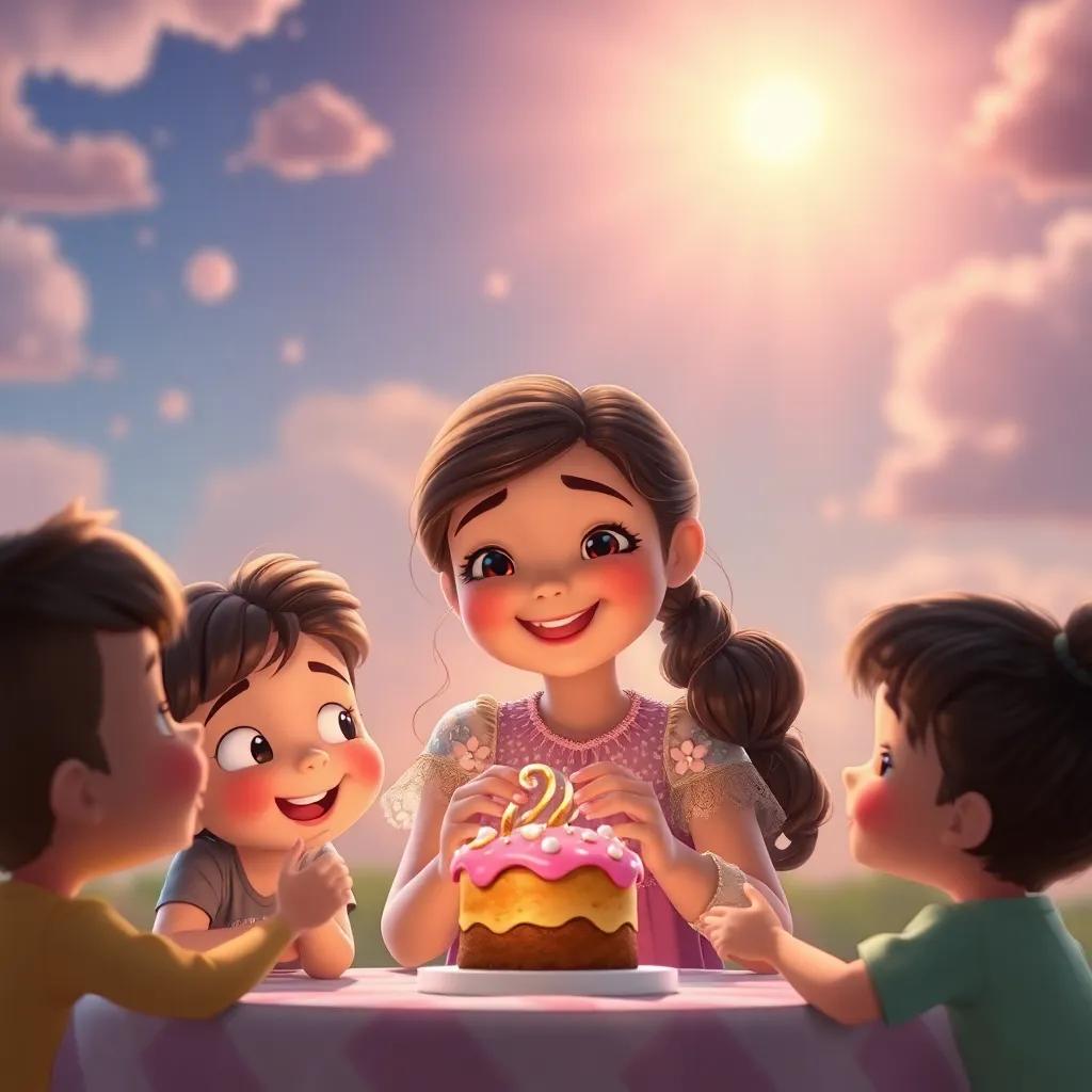 Clara, una niña feliz y emocionada, sosteniendo un dulce del tesoro con sus amigos alrededor, fondo del arcoíris brillando en el cielo, digital art, especial, vibrante, lleno de amor