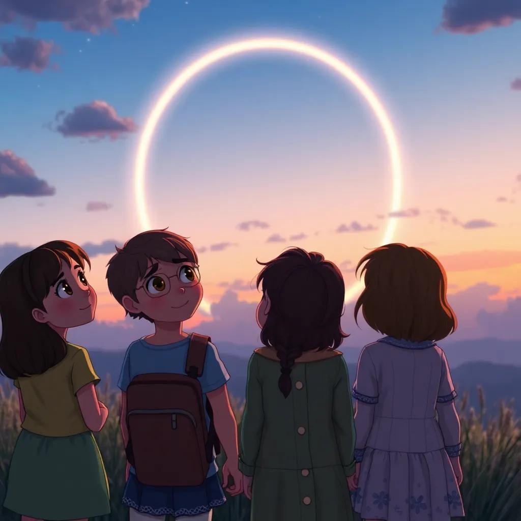 Clara y sus amigos observando un arcoíris en el cielo al atardecer, con expresiones de asombro y amistad, digital art, mágico, sereno