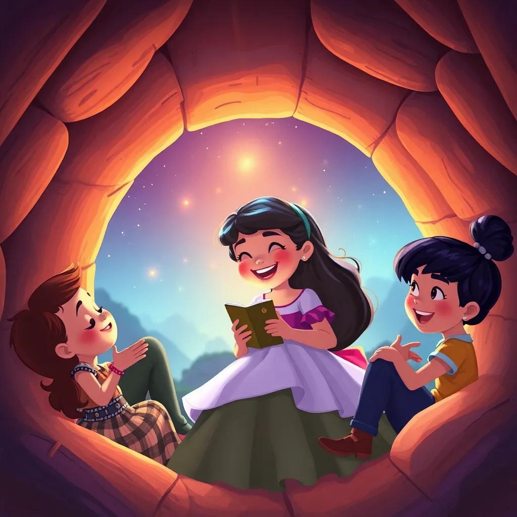 Clara y sus amigos en un círculo, riendo y recordando su aventura, con el arcoíris brillando en el fondo, digital art, lleno de alegría, colorido