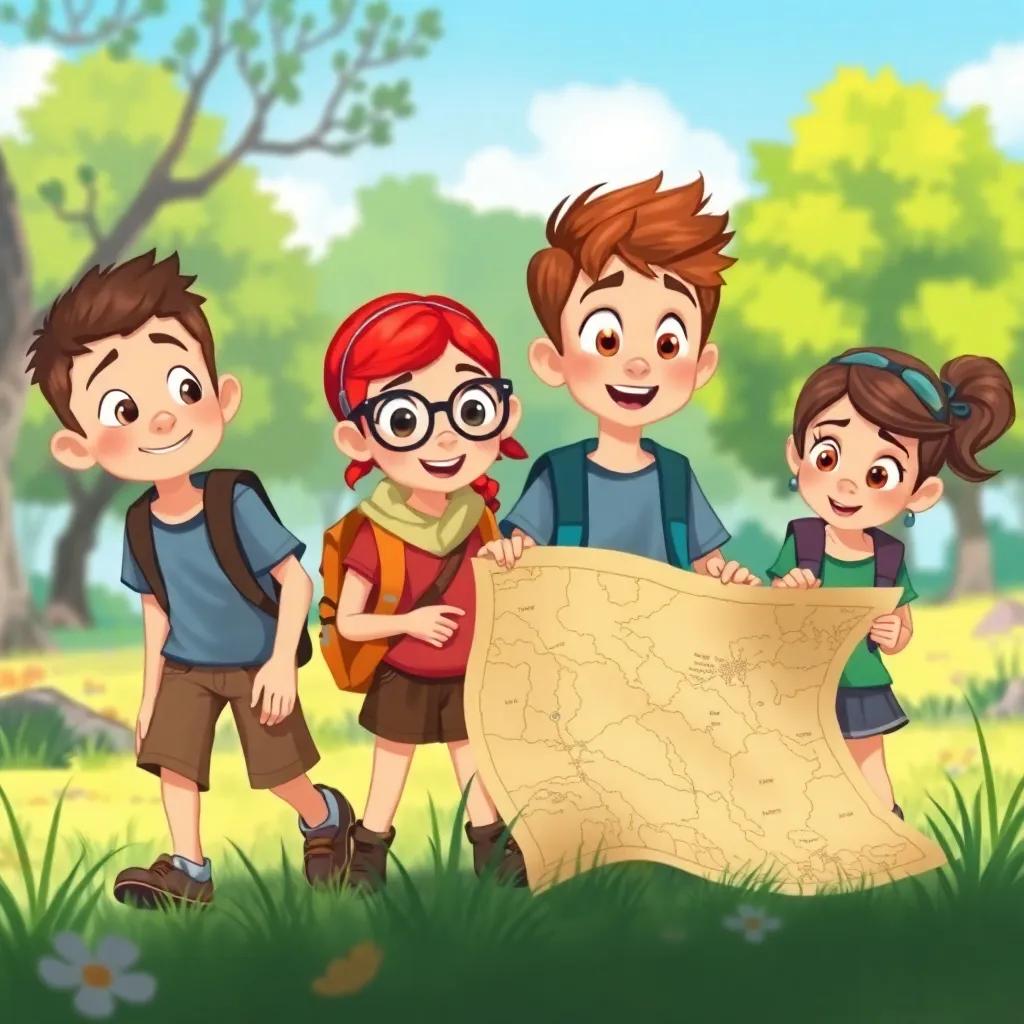 Un grupo de niños, un niño con piel morena y pelo rizado, una niña rubia con coletas, un niño con gafas y una niña con cabello lacio, buscando un viejo mapa en el parque, ilustración alegre, colores vivos, ambiente de aventura, arte digital