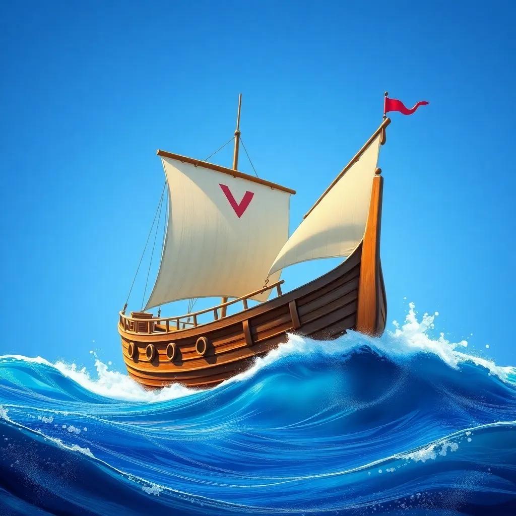 Un viejo barco de madera llamado 'El Valiente' surcando olas en el mar, mar azul brillante y un cielo despejado, una banderita ondeando en la parte superior, ilustración animada, vibrante, temática de navegación