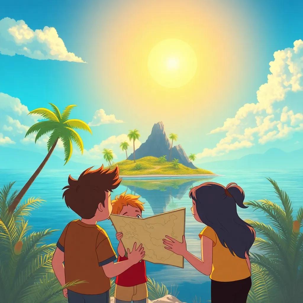 Un paisaje de una isla misteriosa con palmeras y un sol radiante, cuatro amigos mirando un mapa, sus rostros emocionados, ilustración colorida, cálido, amigable