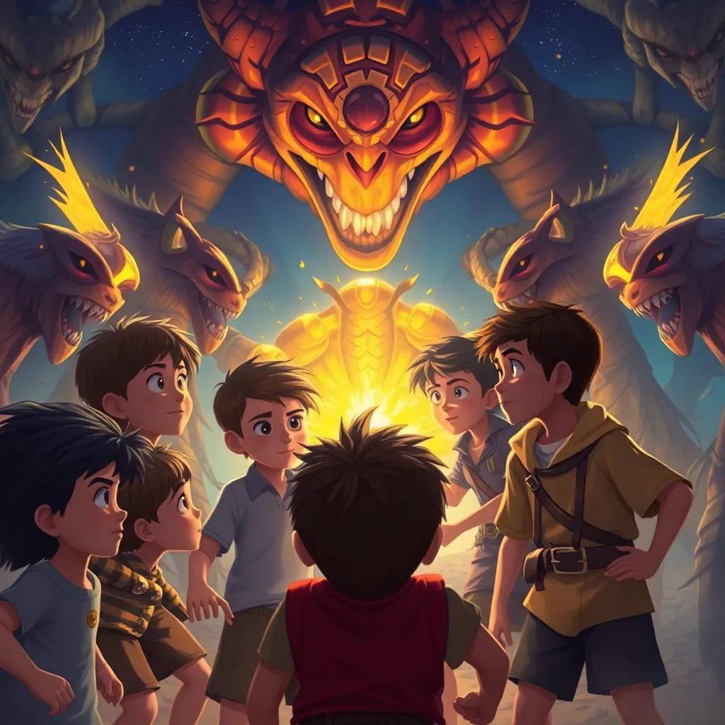 Un grupo de niños enfrentándose a otro grupo de cazadores de tesoros, miradas determinadas, con cofres de oro en el fondo, ambiente de aventura, estilo de cómic, colisiones, acción enérgica