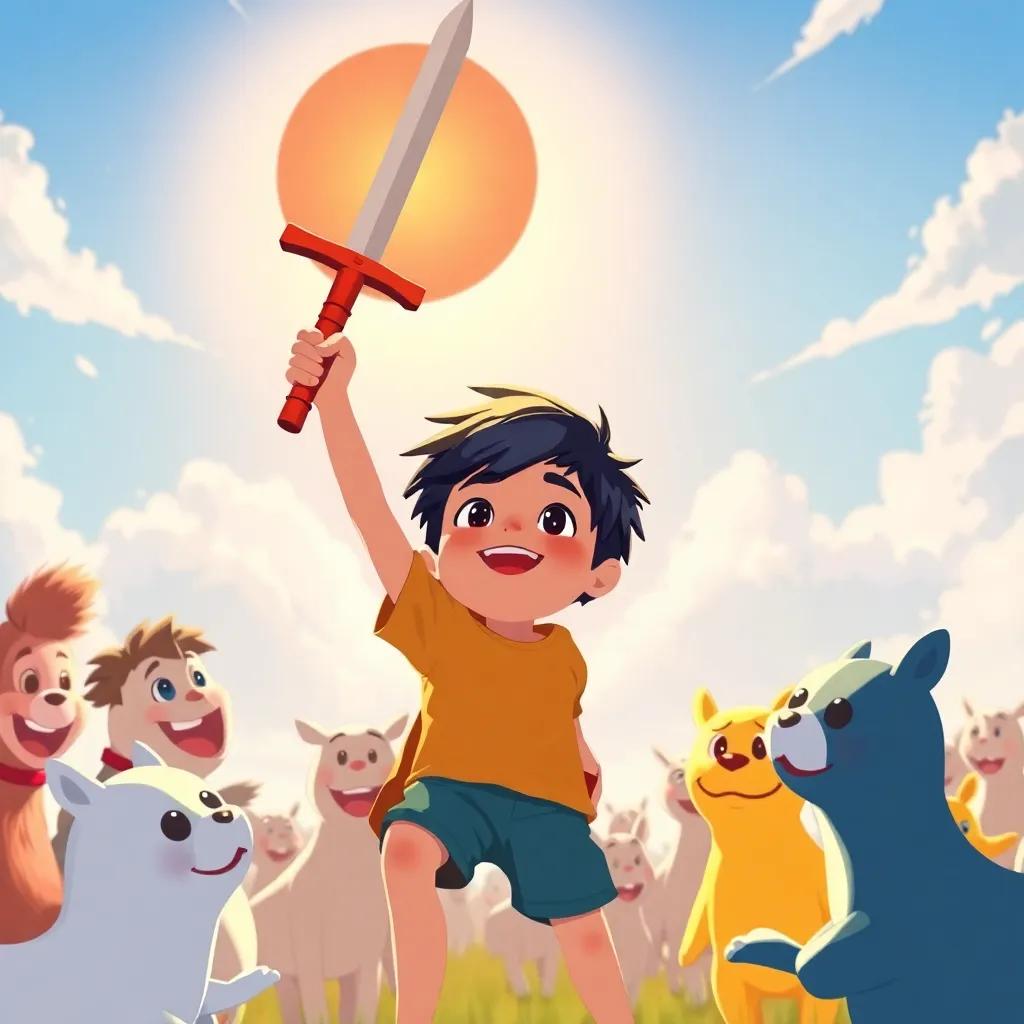 Un niño valiente levantando su espada de juguete al sol, rodeado de sus amigos, expresión de valentía, ilustración alegre, colores brillantes, perspectiva positiva