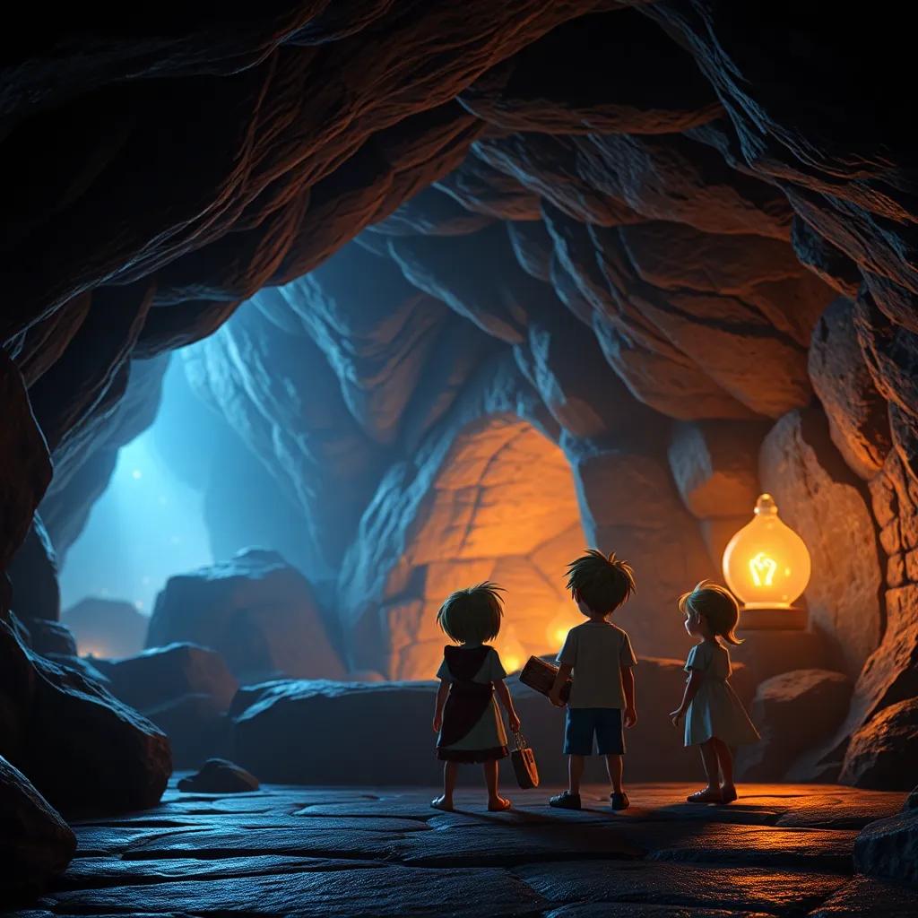 Una cueva oscura con luces brillando y un gran cofre de tesoro iluminado. El grupo de amigos mirando con asombro y alegría, detallada, estilo fantástico, mágica y emocionante