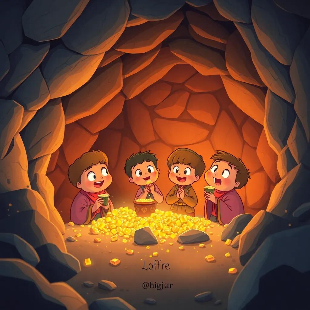 Un cofre lleno de oro y joyas brillantes dentro de una cueva, el grupo de amigos tomando solo unos pocos tesoros, ambiente cálido y amigable, ilustración vibrante, mensaje educativo