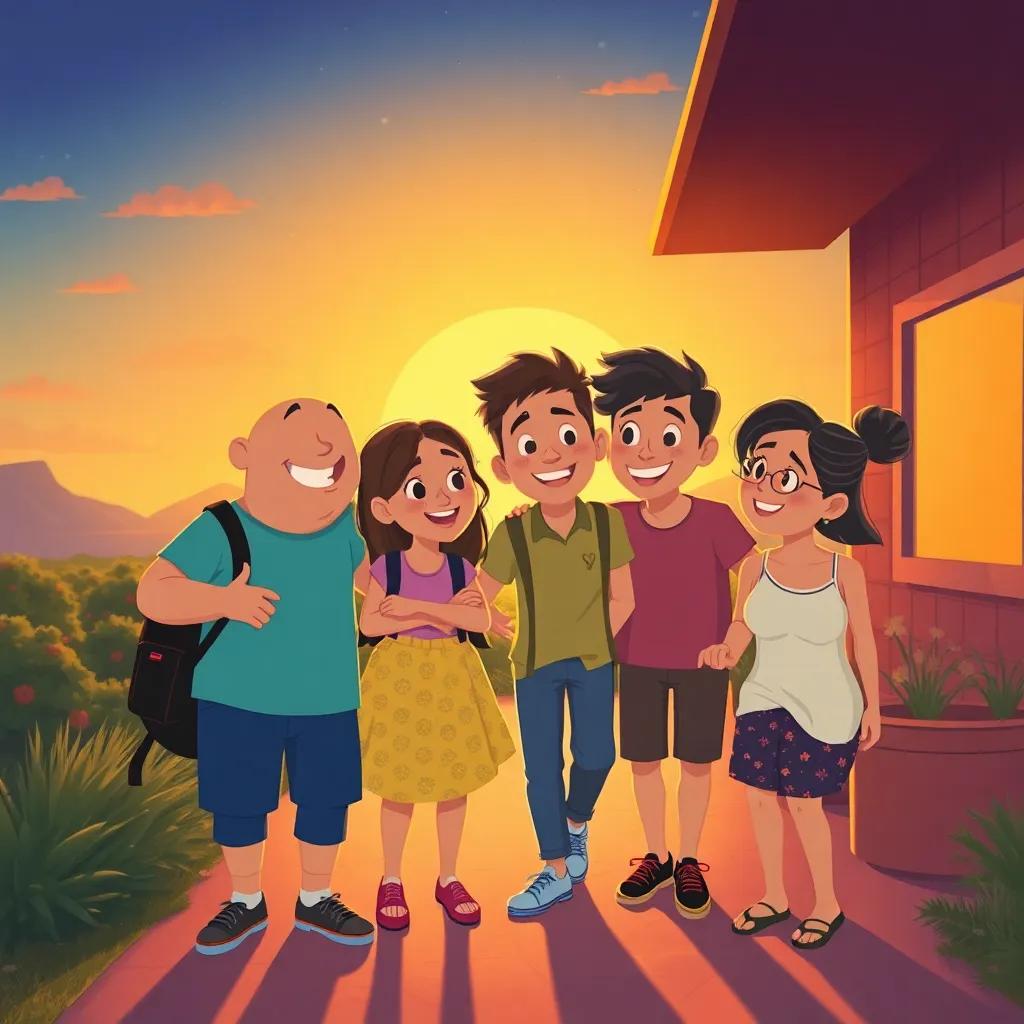 El grupo de amigos regresando a casa, sonriendo y riendo, compartiendo sus tesoros, al fondo un atardecer dorado, ilustración acogedora, colores cálidos, tierno y esperanzador