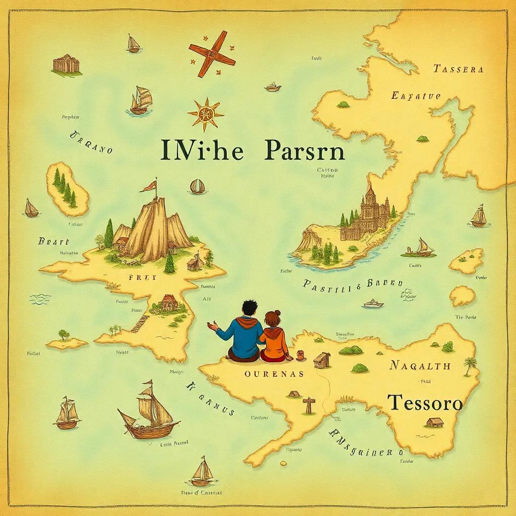 Un mapa antiguo con dibujos de islas y tesoros, un dibujo en el fondo de los amigos sonriendo juntos, arte digital detallado, aire de aventura
