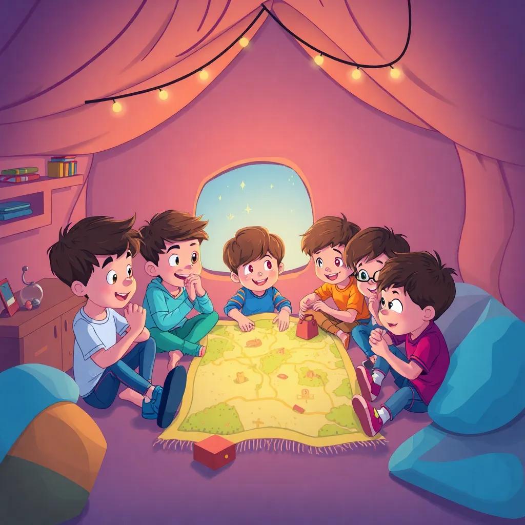 Un grupo de niños en su habitación, jugando con los tesoros encontrados y el mapa, creando recuerdos, ambiente de alegría y energía positiva, ilustración amigable, colores luminosos