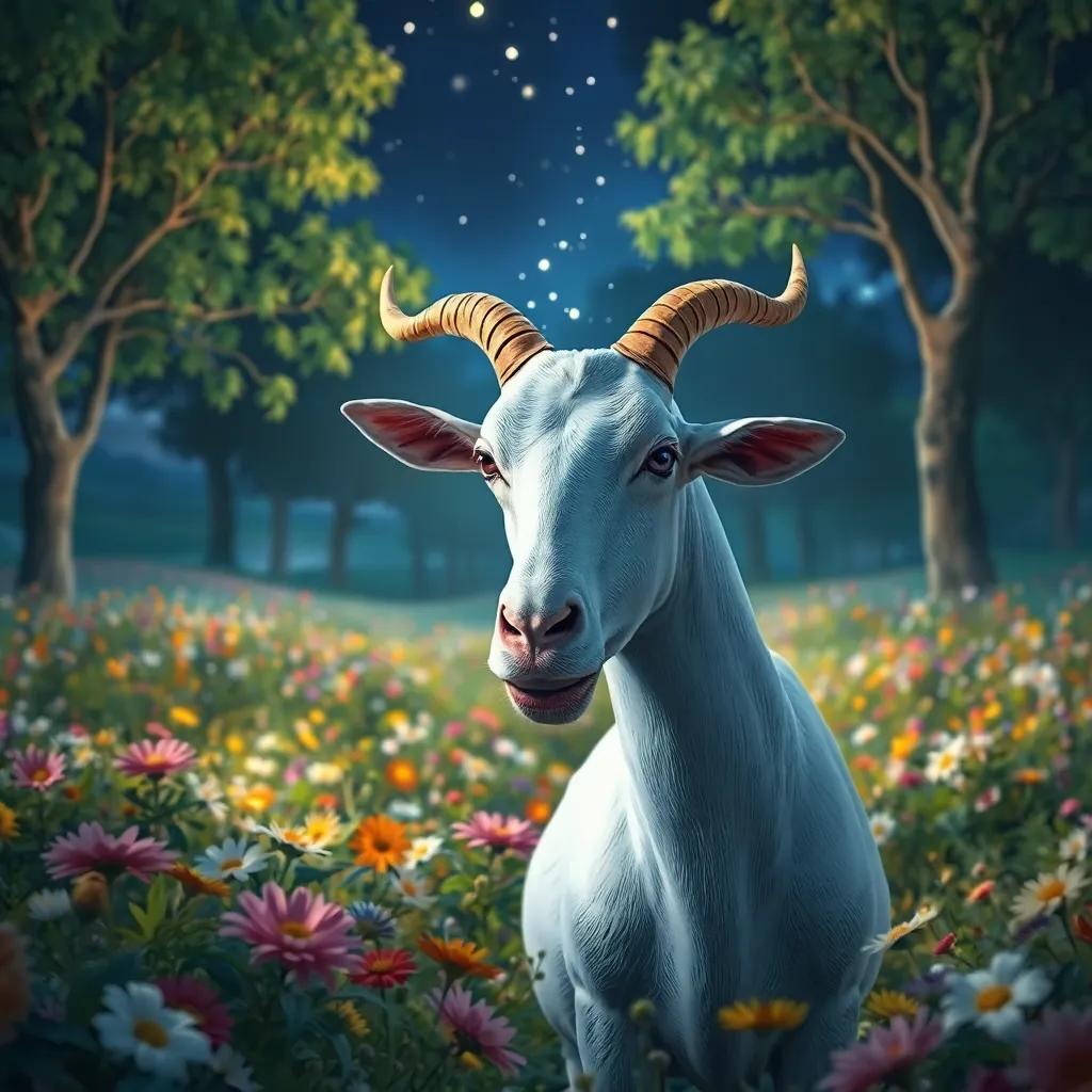 Lila, una cabra blanca con manchas marrones, mirando las estrellas en un campo lleno de flores y árboles, durante la noche, digital art, brillante, colorido, perspectiva mágica, alta calidad