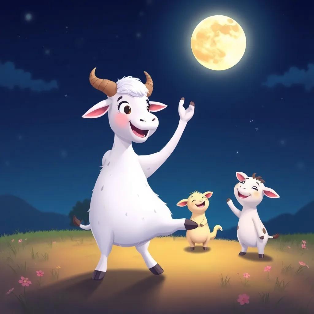 Lila, una cabra blanca con manchas marrones, bailando y saltando bajo la luna llena, con otros animales sonriendo y disfrutando, en un campo alegre, ilustración, alegre, temática infantil
