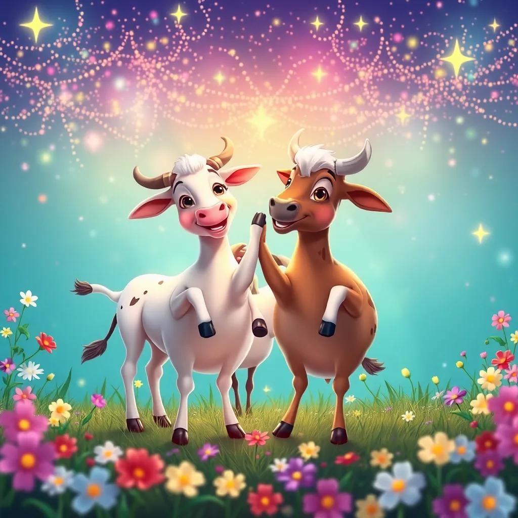Las cabras y ovejas uniendo sus patas, riendo mientras practican junto a Lila, con un fondo lleno de flores brillantes y estrellas, estilo caricatura, colorido y vibrante, vista alegre