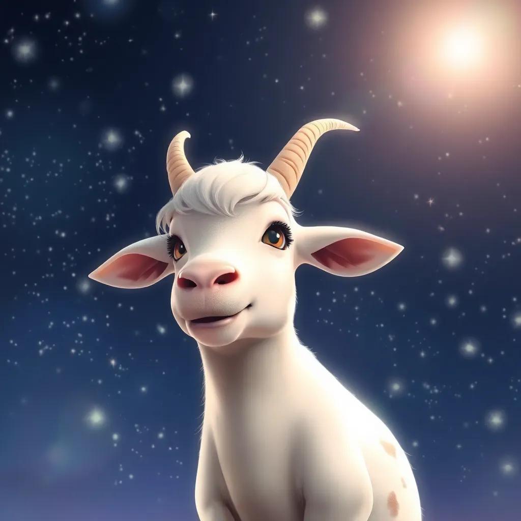Lila, una cabra blanca con manchas marrones, brillando bajo muchas estrellas en el cielo, con una luz mágica que la rodea, digital art, realista, ambiente encantador