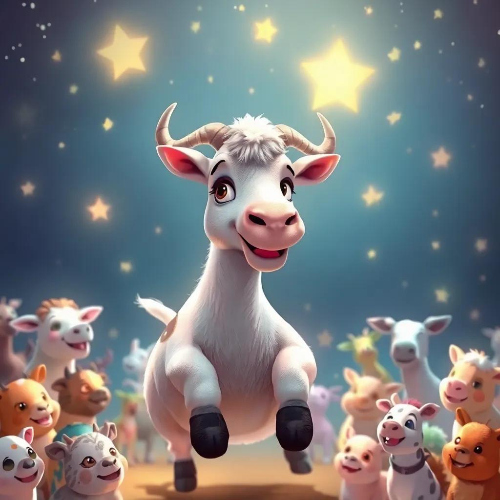 Lila, una cabra blanca con manchas marrones, liderando una fiesta con muchos animales felices a su alrededor, bajo las estrellas, llena de luz y alegría, digital painting, cálido y acogedor
