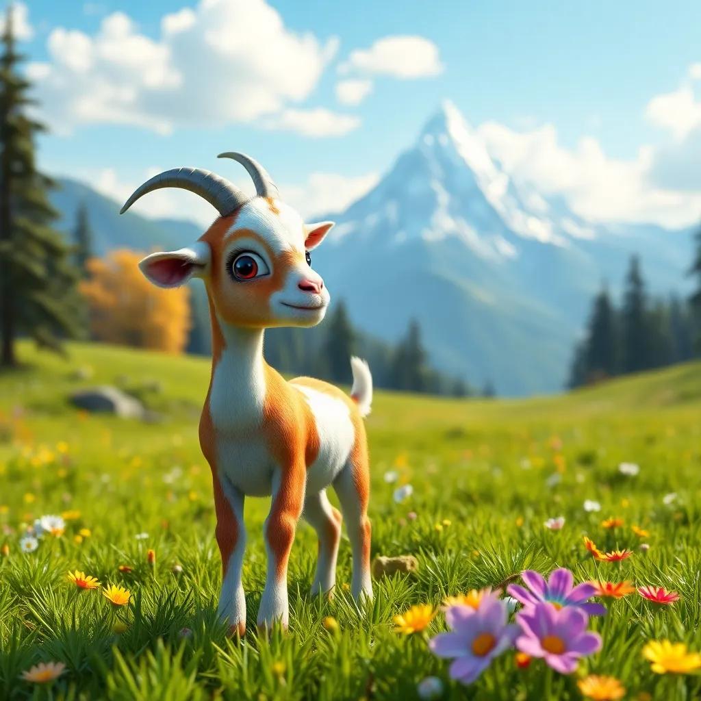 A young goat named Lila, standing in a picturesque meadow with green grass and colorful flowers, looking at a sparkling magical mountain in the distance, digital art, bright colors, inviting atmosphere, high quality