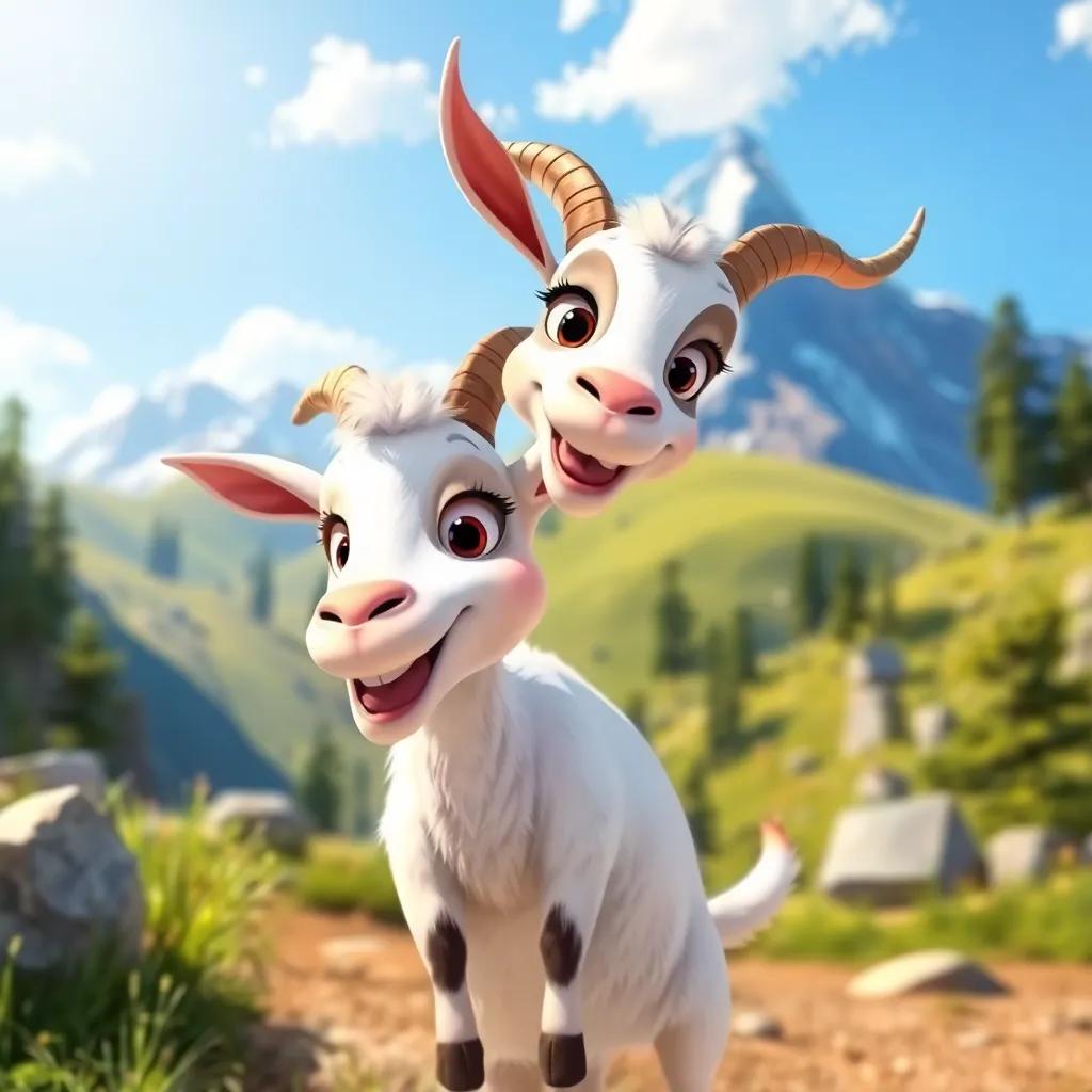 A lively scene of Lila the goat, determined and excited, preparing for her adventure, with a sunny day and the magical mountain shimmering in the background, cheerful illustration, vibrant colors, high quality