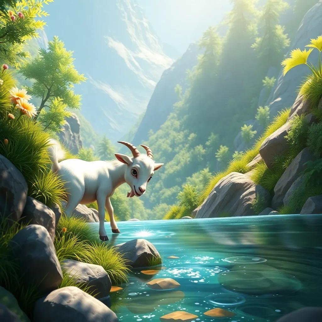 Lila the young goat drinking from a clear, sparkling river while climbing the mountain, surrounded by lush greenery and sunlight filtering through the trees, detailed digital art, uplifting atmosphere, high quality