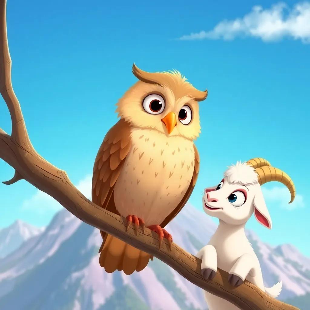 A wise old owl on a branch, talking to Lila the goat, with a backdrop of the mountain and a bright blue sky, enchanting illustration, warm colors, high quality