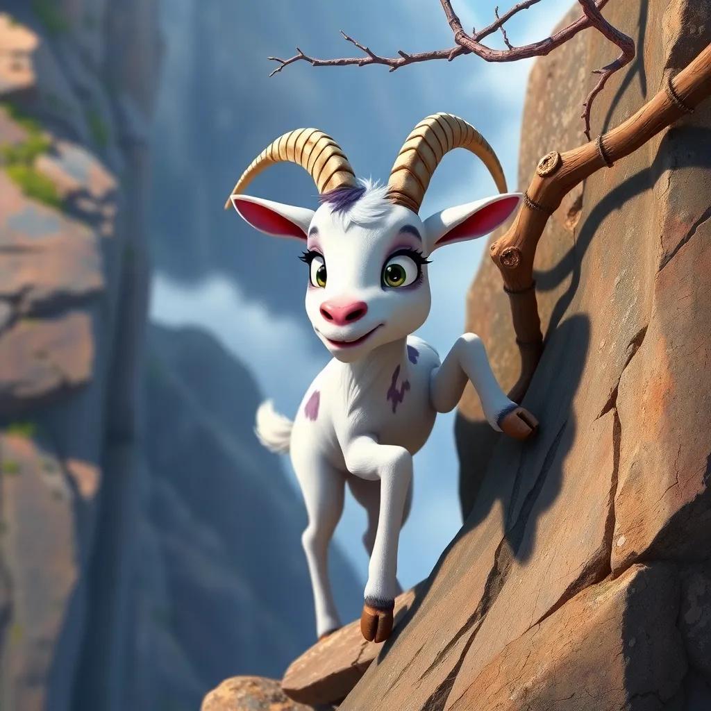 Lila the goat, climbing the steep path, facing rocks and branches with determination on her face, showing perseverance against the challenges, colorful art, inspiring scenery, high quality