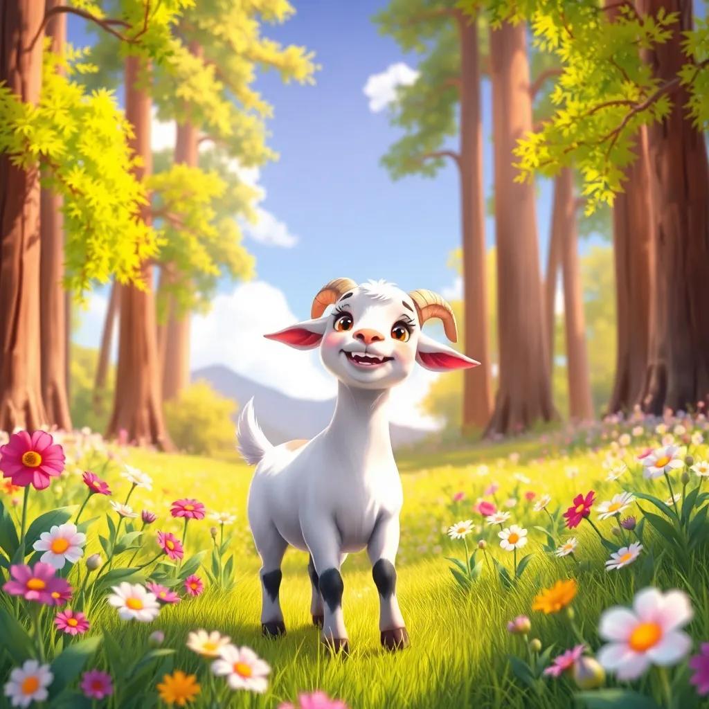Lila the goat reaching a beautiful clearing filled with bright flowers and tall trees, feeling the beauty of nature, joyful illustration, vibrant colors, high quality