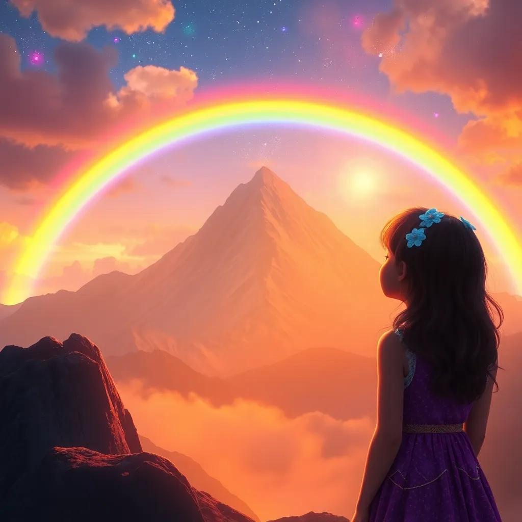 Lila observing a magnificent rainbow spanning the sky, very close to the top of the mountain, surrounded by magical energy and colors, digital art, powerful imagery, high quality