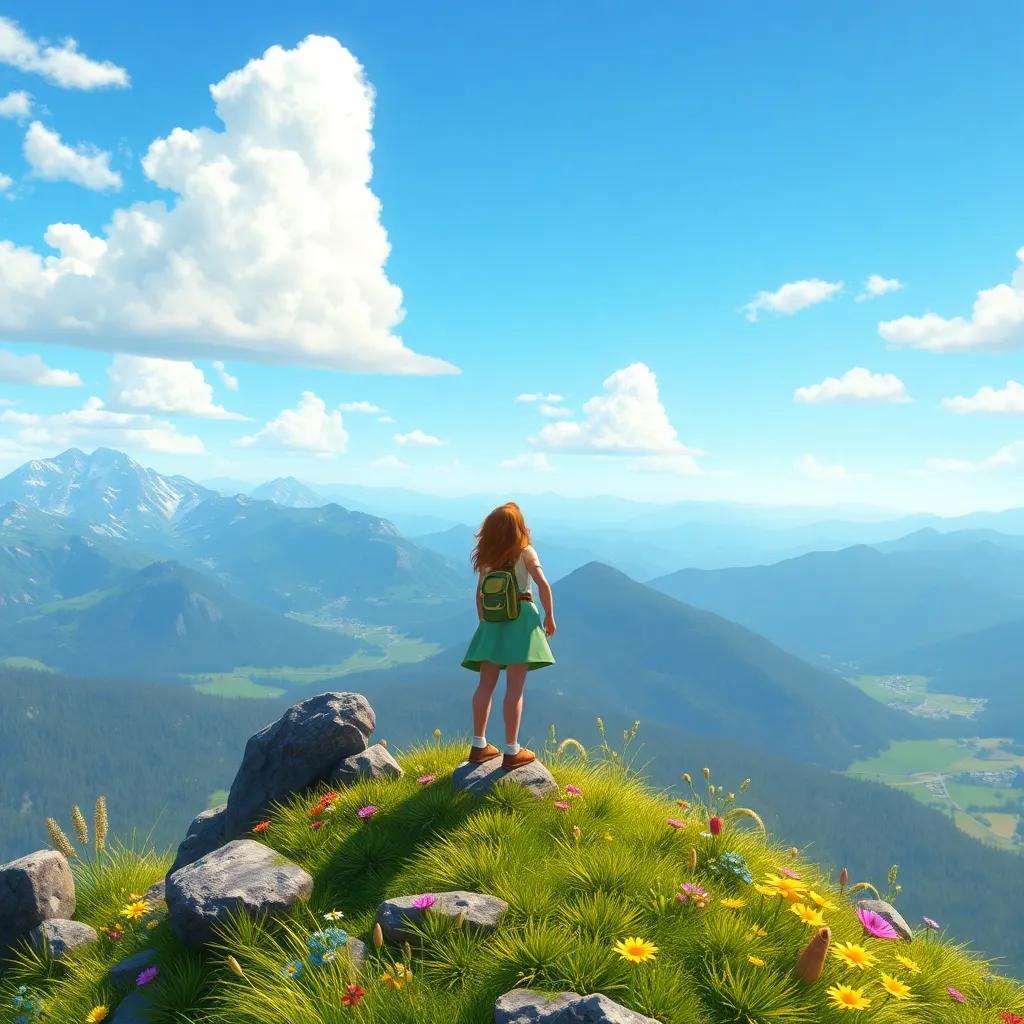 Lila at the mountain’s peak, looking out over the breathtaking landscape of her meadow below, her expression filled with joy and accomplishment, colorful art, bright and hopeful, high quality