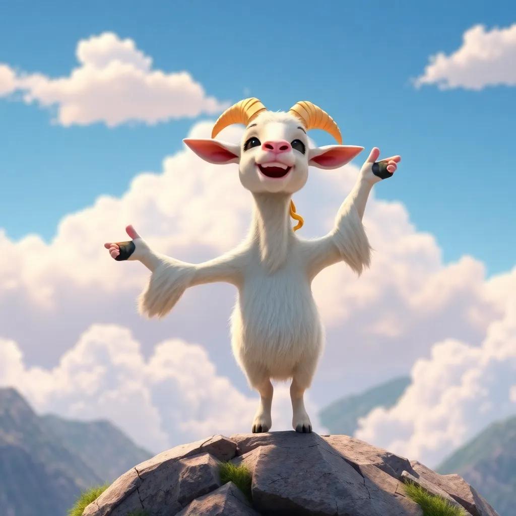 Lila the goat celebrating her achievement at the mountaintop with her hooves raised in joy, feeling triumphant, surrounded by fluffy clouds and vibrant colors, animated illustration, high quality