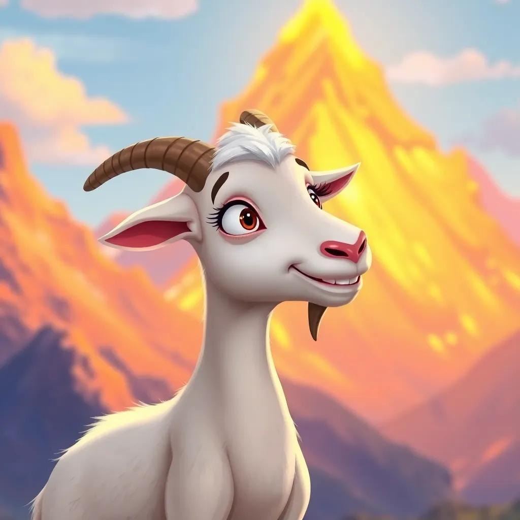 Lila the goat reflecting on her journey, smiling with a sense of pride, understanding the magic of perseverance, with a glowing mountain backdrop, heartwarming illustration, colorful, high quality