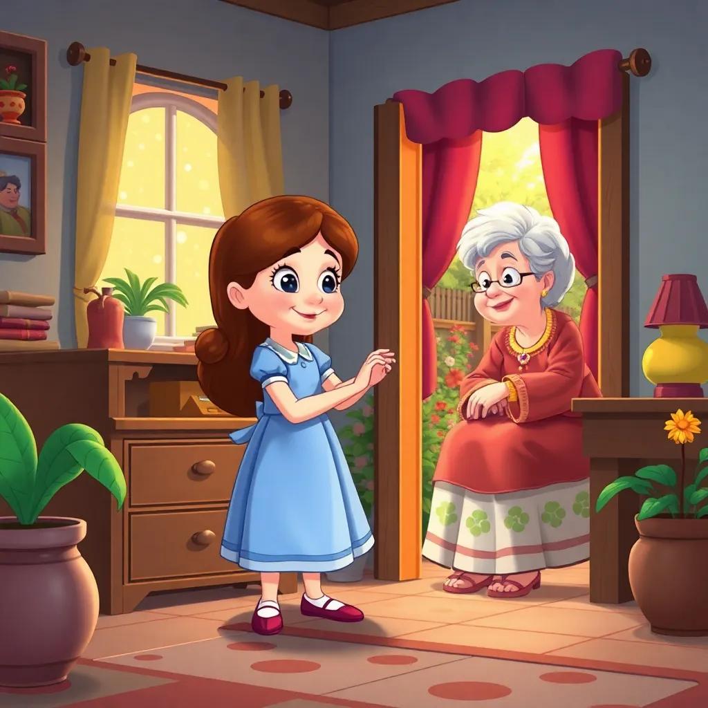 Clara girando la llave de la caja musical, una melodía suave llenando la habitación, el ático se desvaneciendo para mostrar un jardín colorido con su abuela joven riendo, detailed illustration, cheerful colors, inviting scene