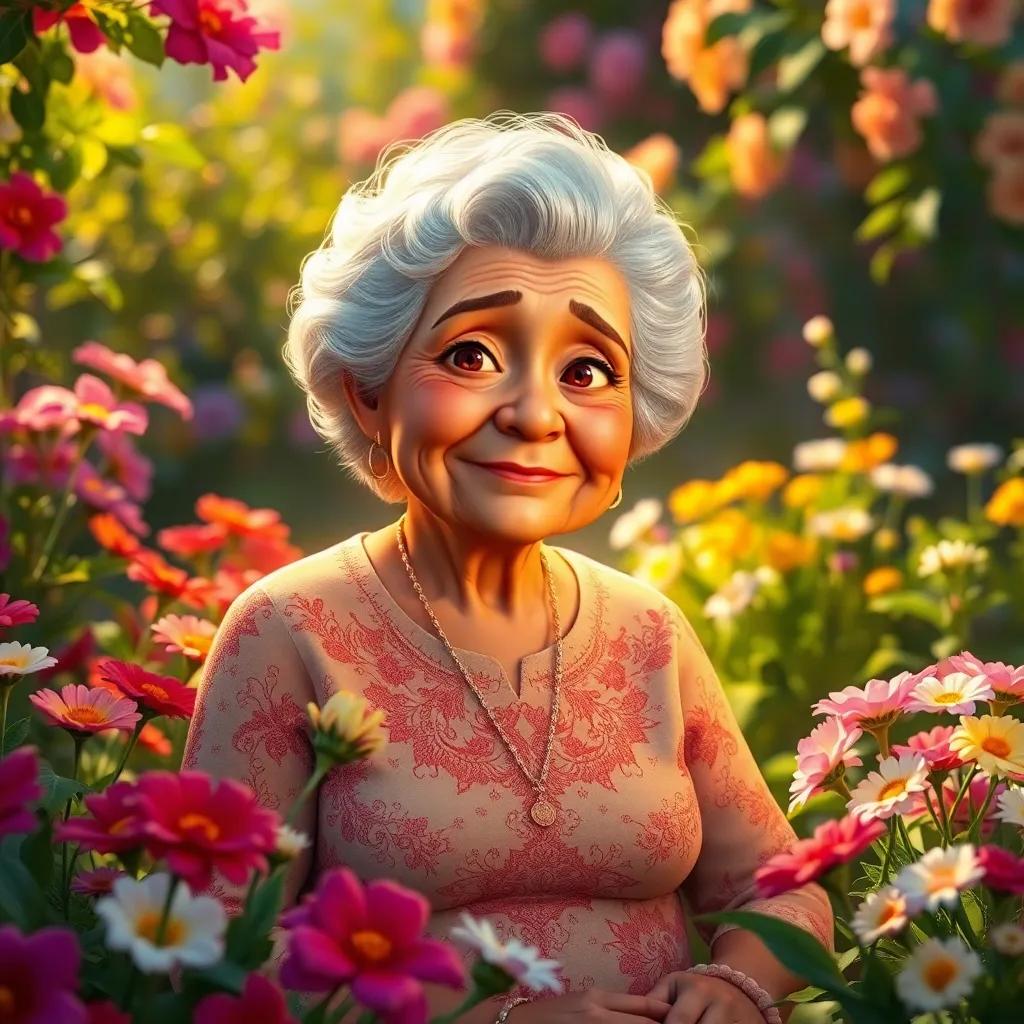 Su abuela joven en un jardín lleno de flores, sonriente pero con lágrimas en los ojos, rodeada de amigos, colores vibrantes, magical atmosphere, beautiful lighting, heartwarming