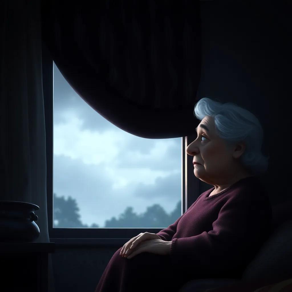 La abuela de Clara en su habitación, solitaria y mirando por la ventana durante una tormenta, con tristeza en su mirada, dim light, somber atmosphere, rich detail