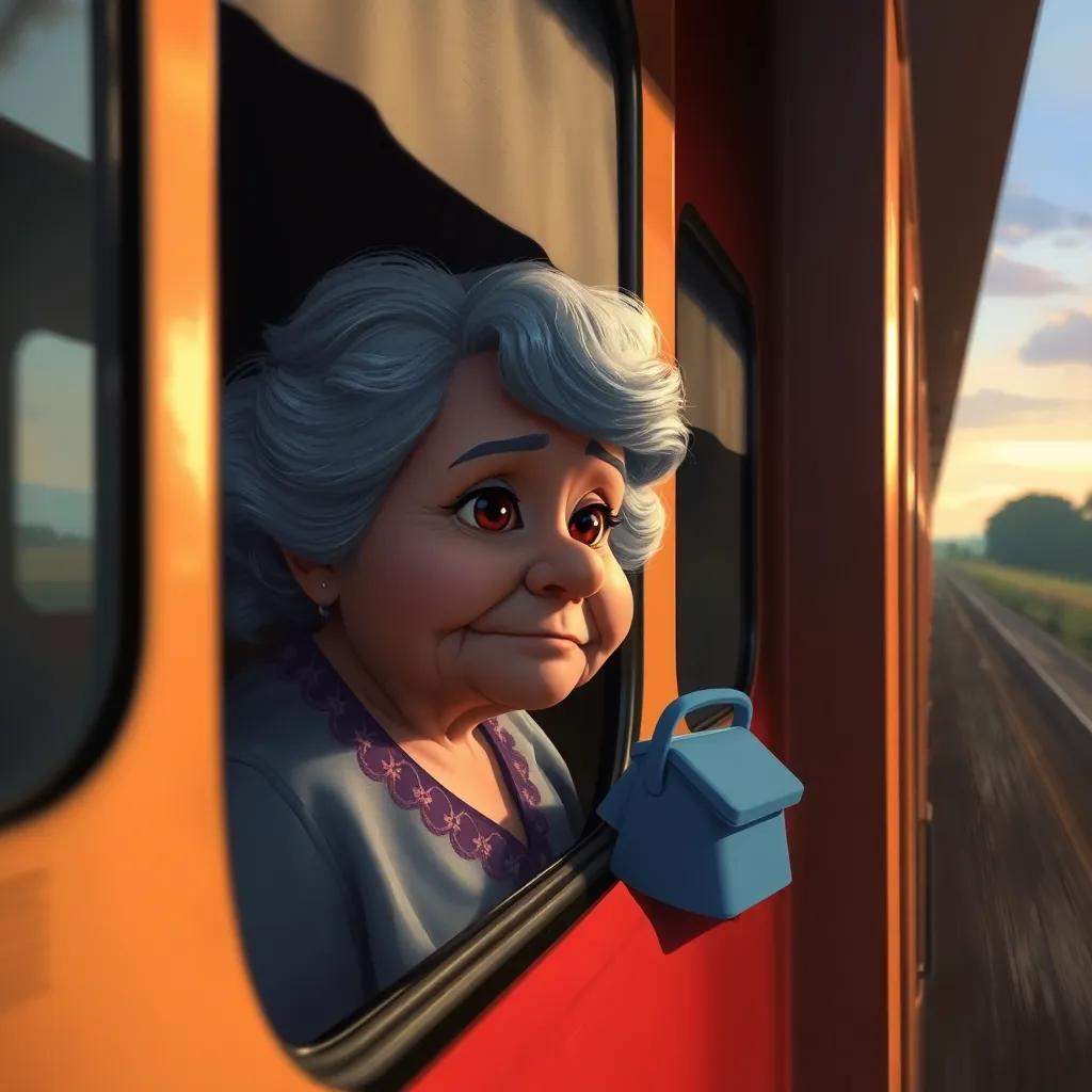 La abuela de Clara en un tren, con una pequeña maleta, mirando por la ventana con expresión asustada, mientras el paisaje pasa rápido, digital painting, dramatic lighting, emotional quality