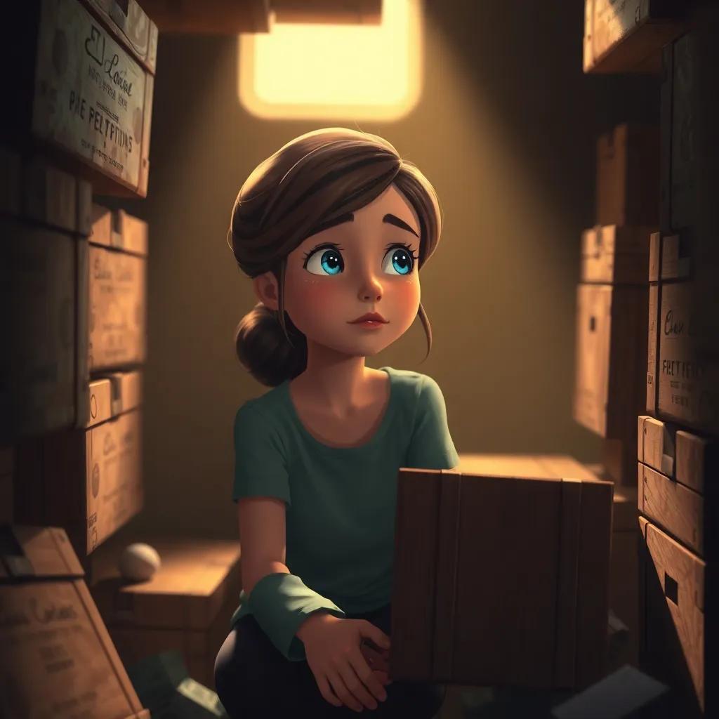 Clara en su ático, rodeada de cajas, contemplando con lágrimas en los ojos después de los recuerdos, deep light, heartfelt scene, soft colors, realistic