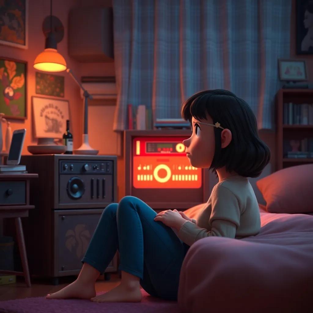 Clara sentada en su habitación, mirando la caja musical y pensando en su futuro, firme y decidida, warm room light, inspiring atmosphere, high fidelity
