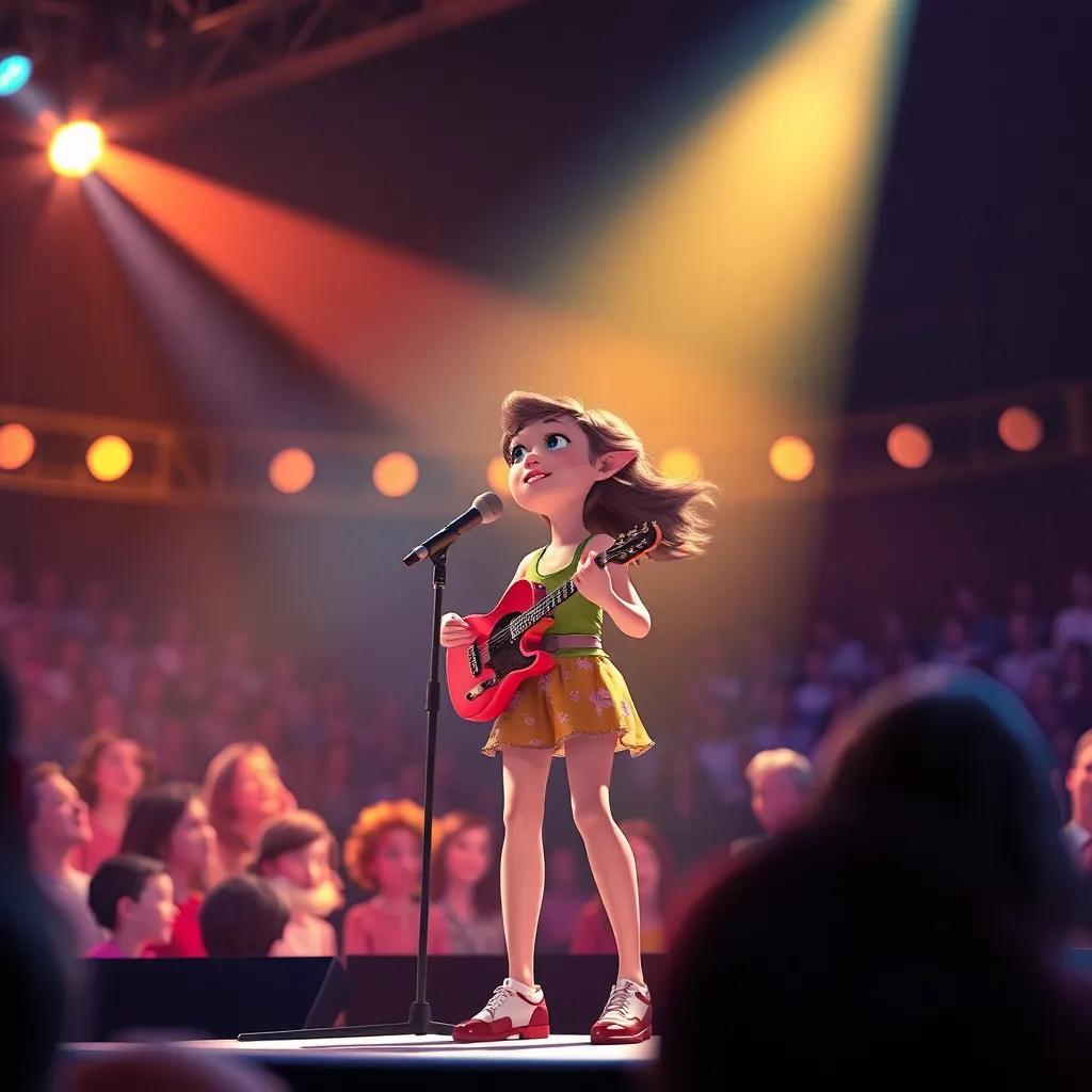 Clara en el concurso de música, subiendo al escenario con confianza, ante una audiencia emocionada, spotlight shining on her, digital art, vibrant colors, high energy