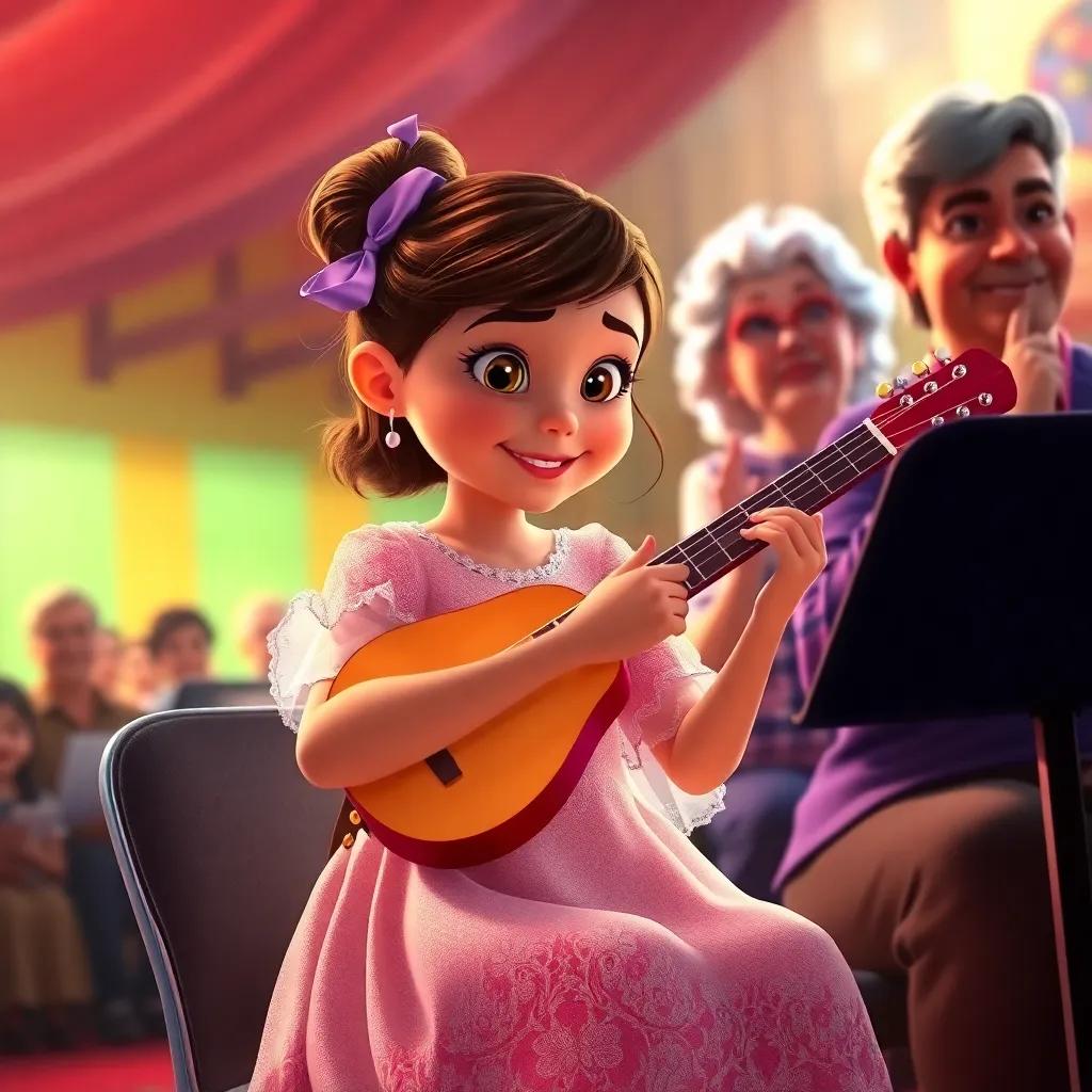 Clara tocando la melodía en el concurso, sintiendo la presencia de su abuela a su lado, el público aplaudiendo, a warm light, colorful setting, joyful atmosphere