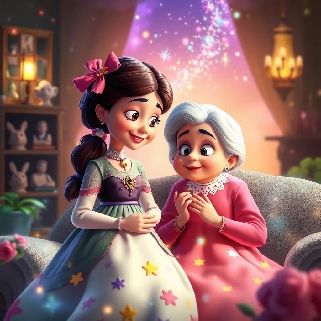 La mezcla de recuerdos de Clara con su abuela, reflejada en una serie de escenas mágicas mientras toca su melodía, colorful and imaginative, blending various moments, visual storytelling