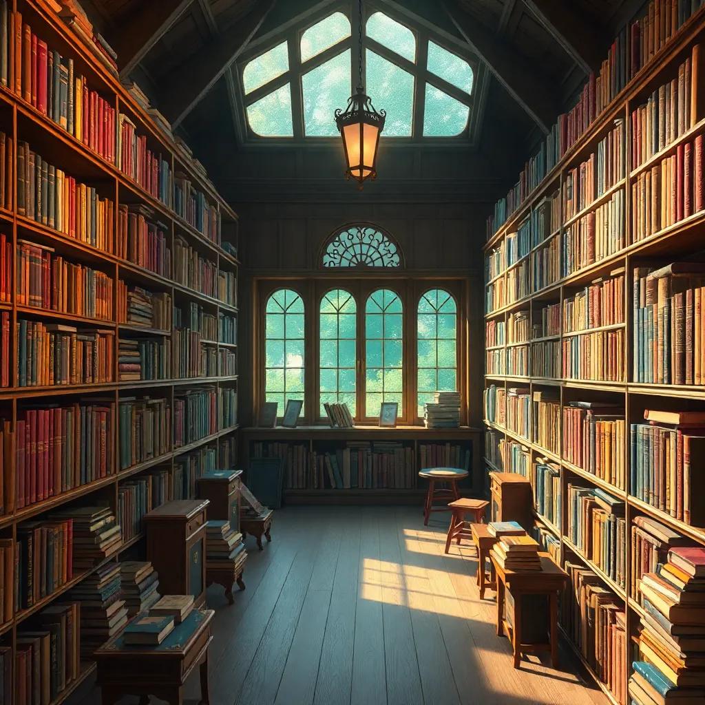 Una biblioteca antigua y mágica, llena de libros con tapas coloridas y estanterías de madera, luz suave filtrándose por una gran ventana, digital art, acogedora, detalles ricos, vista cálida
