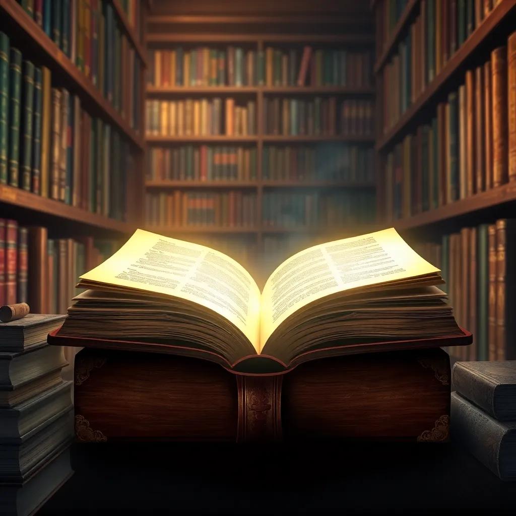 Un libro antiguo con una tapa dorada brillando intensamente en el centro de la biblioteca, rodeado de otros libros, luz dorada emanando del libro, digital painting, mágico, vibrante, foco en el libro
