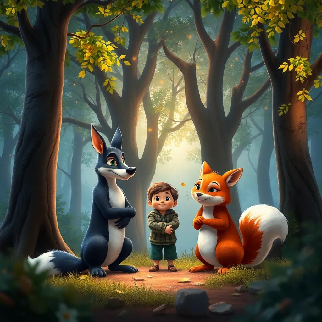 Un bosque encantado con árboles altos y hojas brillantes, un zorro travieso, un conejo curioso y un búho sabio rodean a un niño, digital art, detallado, colorido, escenas de amistad