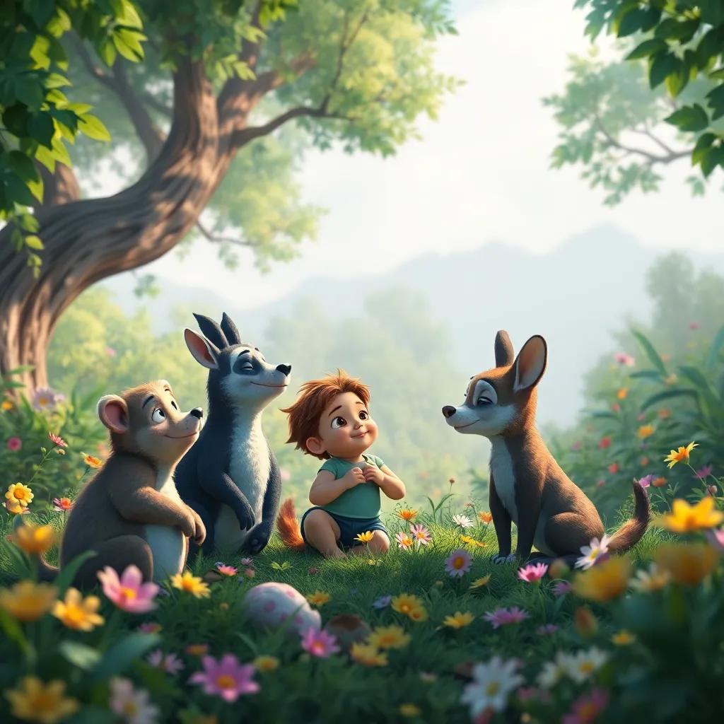 Un grupo de animales hablando con un niño sonriente, en un bosque lleno de flores y vegetación, digital painting, alegre, amigable, vista mágica