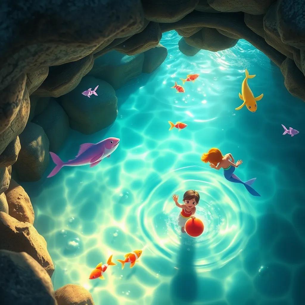 Un arroyo de aguas cristalinas con peces de colores brillantes nadando, sirenas sonriendo y saludando al niño, digital art, emocionante, vibrante, atmósfera tranquila