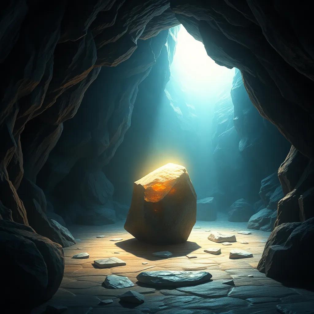Una cueva oscura y brillante, con una piedra dorada en el centro resplandeciendo intensamente, rodeada de luz dorada y misteriosa, digital painting, mágica, encantadora, grabada en la memoria