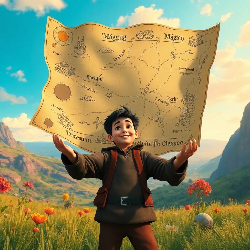 Un mapa antiguo con dibujos mágicos, sosteniendo en sus manos un niño emocionado, en un paisaje de pradera colorida, digital art, detallado, aventurero, perspectiva amplia