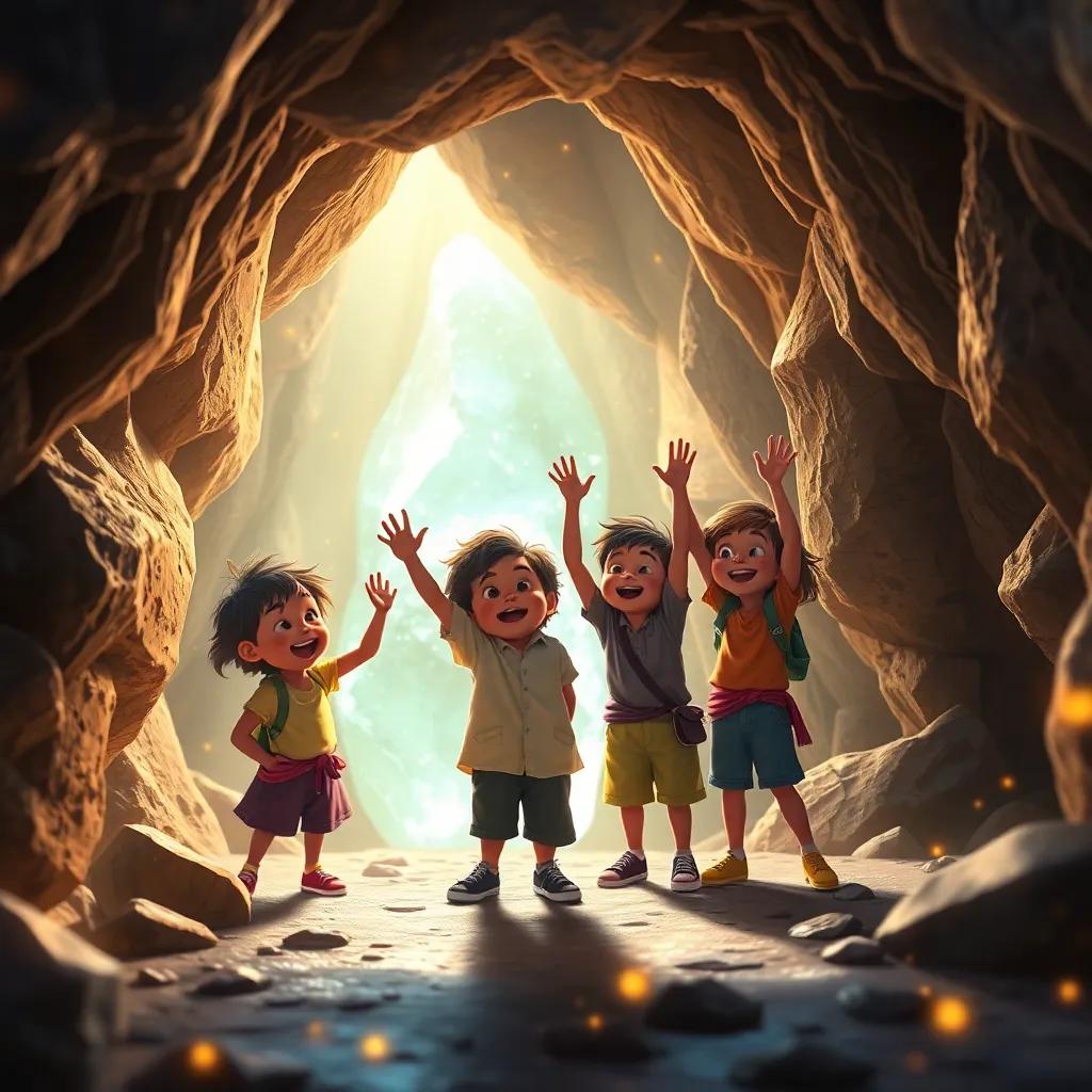 Un niño y sus amigos celebrando en la entrada de una cueva brillante, con la piedra radiante en el fondo, ambiente festivo, digital art, mágico, vibrante, lleno de alegría
