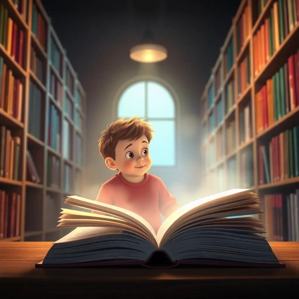Un libro mágico aún abierto en la biblioteca, con el niño mirando emocionado hacia él y la luz dorada brillando, digital art, cálido y acogedor, invitante