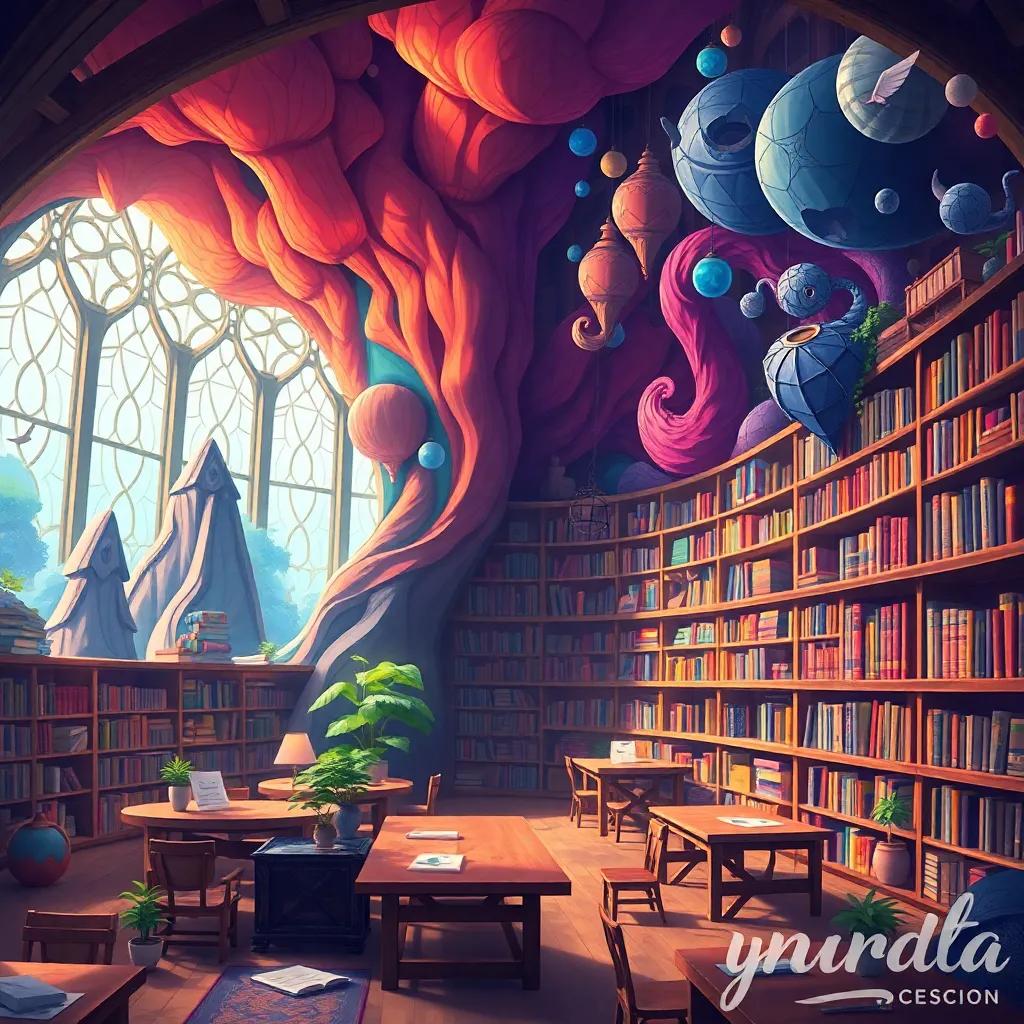 Un paisaje que muestra la transformación de la biblioteca a un mundo fantástico, con elementos de ambos mundos, digital painting, colorido, soñador, contraste claro